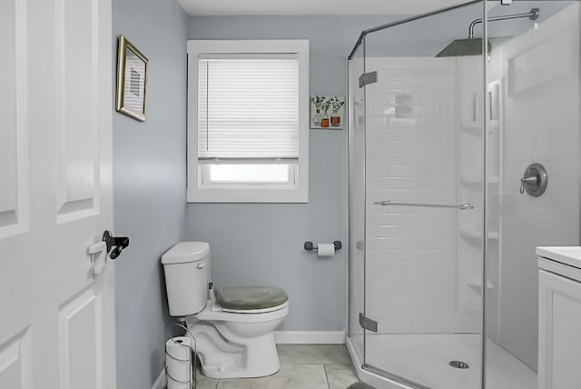 bathroom featuring vanity, toilet, tile patterned floors, and an enclosed shower