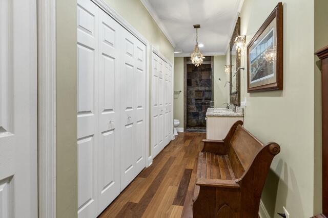 hallway with dark hardwood / wood-style flooring, sink, and ornamental molding