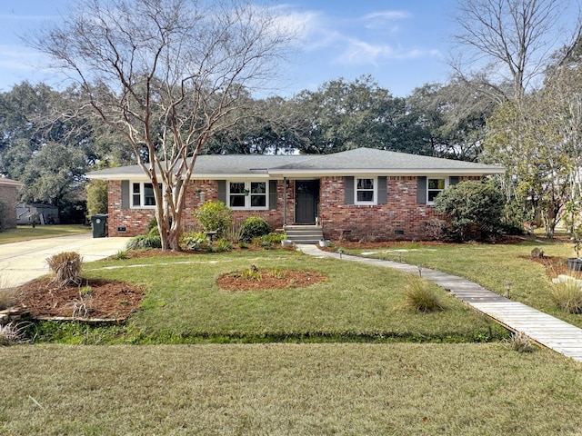 single story home featuring a front yard, crawl space, and brick siding