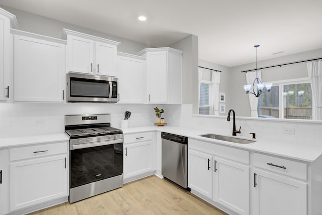 kitchen with sink, light hardwood / wood-style flooring, white cabinetry, stainless steel appliances, and decorative backsplash