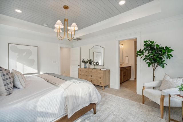 bedroom with visible vents, light carpet, a tray ceiling, wood ceiling, and a chandelier