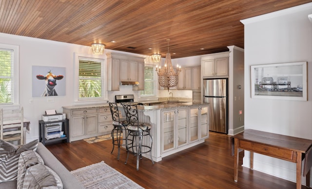 2218 Myrtle Ave, Sullivans Island, SC 29482 - kitchen featuring appliances with stainless steel finishes, a chandelier, dark wood finished floors, a breakfast bar, and wood ceiling