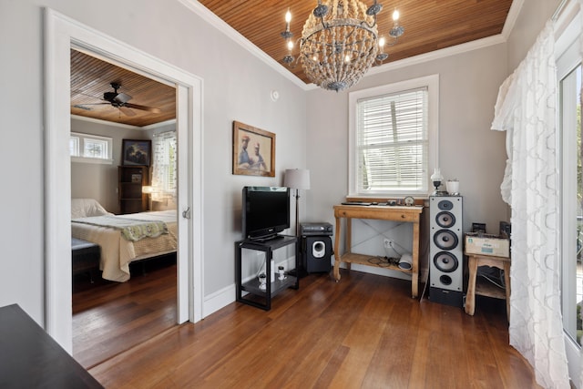 2218 Myrtle Ave, Sullivans Island, SC 29482 - office with hardwood / wood-style floors, wood ceiling, crown molding, a chandelier, and a ceiling fan