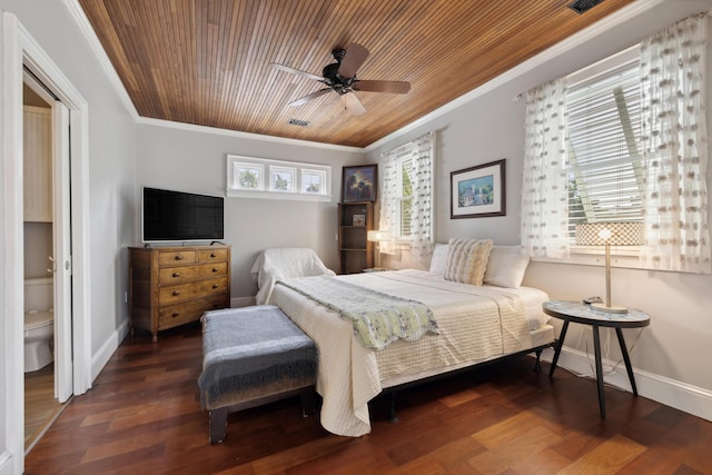 2218 Myrtle Ave, Sullivans Island, SC 29482 - bedroom featuring crown molding, wood ceiling, wood finished floors, and ceiling fan
