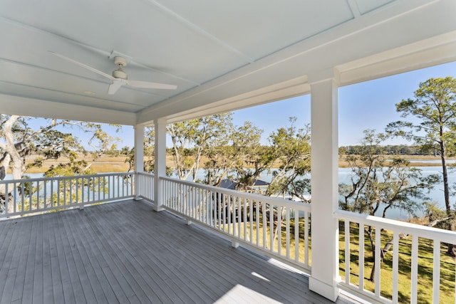 deck with ceiling fan and a water view