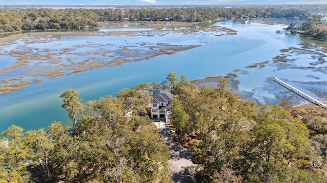 drone / aerial view featuring a water view