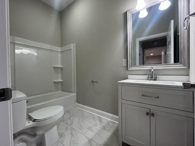 full bathroom featuring washtub / shower combination, vanity, and toilet