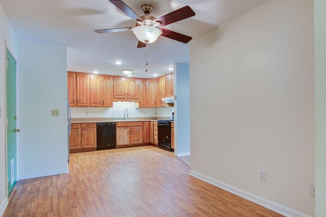 kitchen with range, black dishwasher, ceiling fan, and light hardwood / wood-style floors