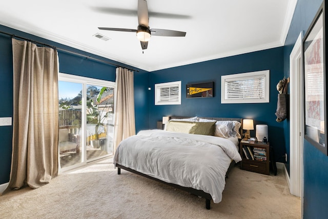 carpeted bedroom featuring ceiling fan, access to exterior, and crown molding