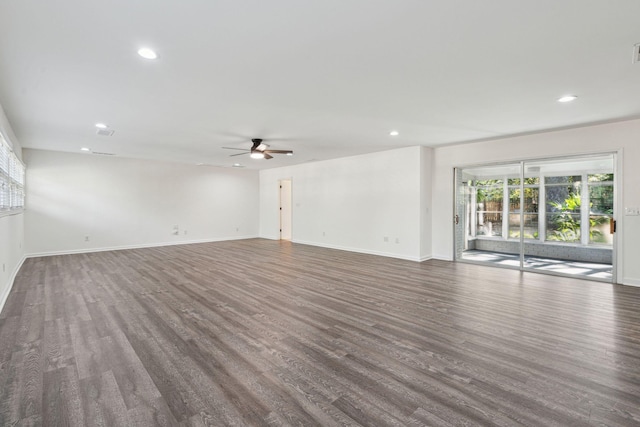 unfurnished living room featuring recessed lighting, ceiling fan, and wood finished floors