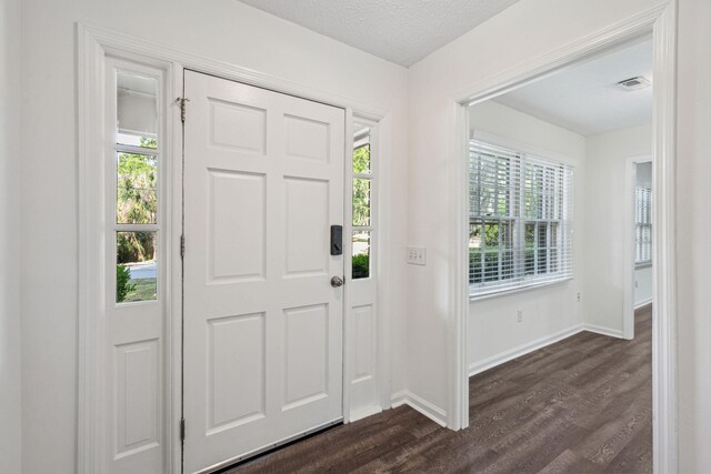 entryway with a wealth of natural light, dark wood-style floors, and visible vents