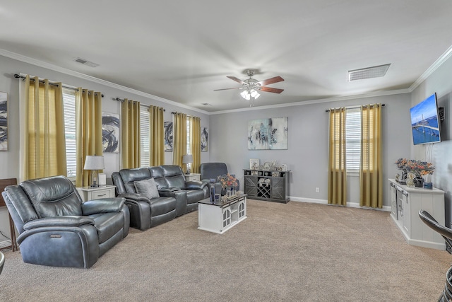 living area with a ceiling fan, ornamental molding, carpet, and visible vents