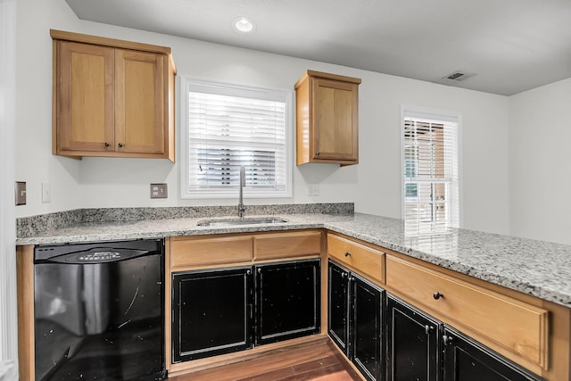 kitchen featuring light stone countertops, dishwasher, a healthy amount of sunlight, and sink