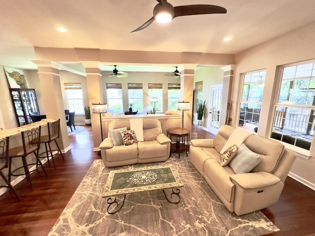 1736 James Basford Pl, Mount Pleasant, SC 29466 - living room with baseboards, ceiling fan, decorative columns, and wood finished floors