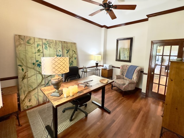 1736 James Basford Pl, Mount Pleasant, SC 29466 - office area featuring baseboards, ceiling fan, ornamental molding, and wood finished floors