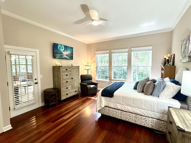 1736 James Basford Pl, Mount Pleasant, SC 29466 - bedroom featuring crown molding, a ceiling fan, wood finished floors, and access to outside