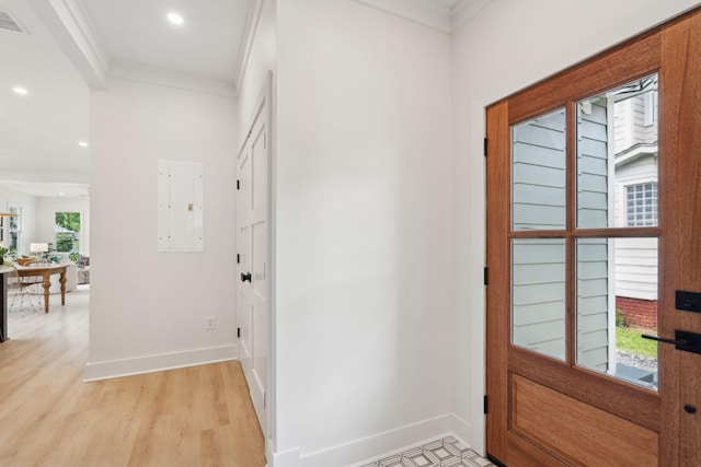 4620 Ohear Ave, North Charleston, SC 29405 - foyer featuring baseboards, electric panel, light wood-style flooring, recessed lighting, and crown molding