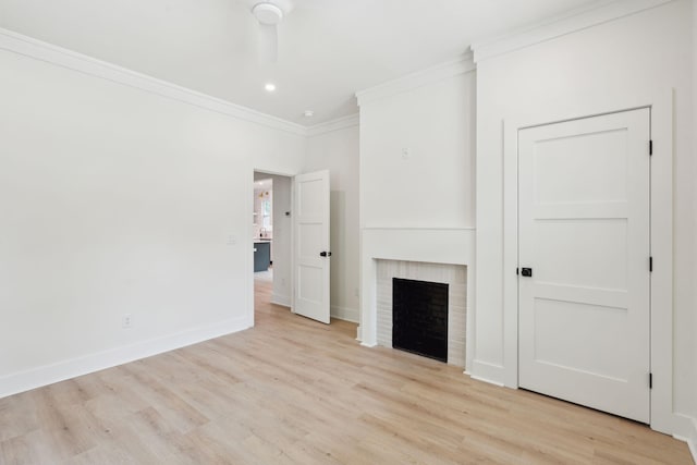 4620 Ohear Ave, North Charleston, SC 29405 - unfurnished living room featuring ornamental molding, a fireplace, light wood finished floors, baseboards, and recessed lighting