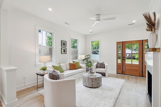 4620 Ohear Ave, North Charleston, SC 29405 - living area featuring crown molding, light wood-style floors, a ceiling fan, recessed lighting, and baseboards