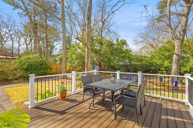 wooden deck featuring a fenced backyard and outdoor dining area