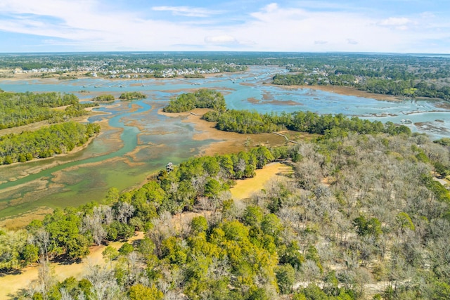 drone / aerial view featuring a water view and a view of trees