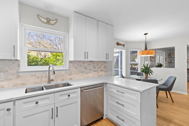 kitchen with a peninsula, stainless steel dishwasher, a sink, and white cabinetry