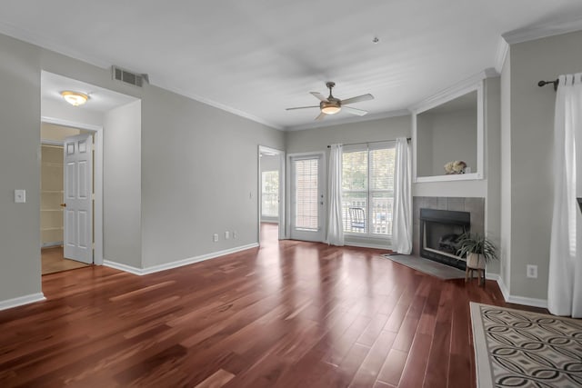 700 Daniel Ellis Dr Unit 3108, Charleston, SC 29412 - unfurnished living room with ceiling fan, dark wood-style floors, a tile fireplace, and ornamental molding