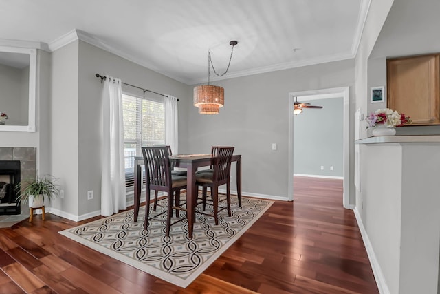 700 Daniel Ellis Dr Unit 3108, Charleston, SC 29412 - dining space featuring wood finished floors, ceiling fan, a tiled fireplace, and ornamental molding