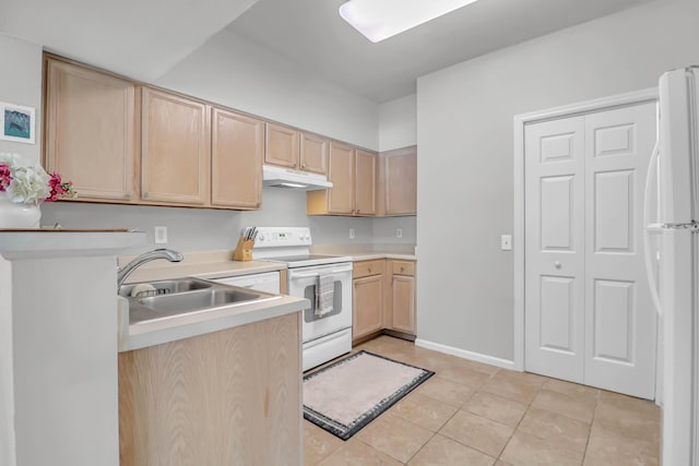 700 Daniel Ellis Dr Unit 3108, Charleston, SC 29412 - kitchen with white appliances, light brown cabinetry, under cabinet range hood, light tile patterned floors, and light countertops