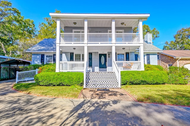 view of front of home with covered porch, a front yard, and a balcony