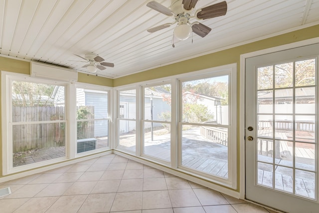 unfurnished sunroom with wood ceiling, a wall unit AC, and ceiling fan