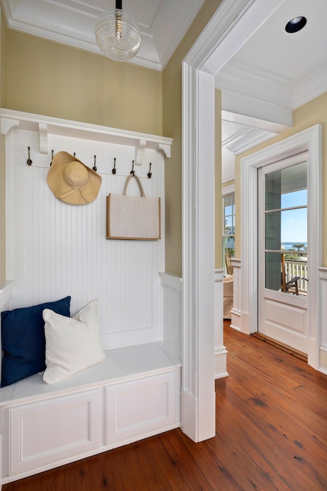 mudroom featuring dark wood-style flooring and crown molding