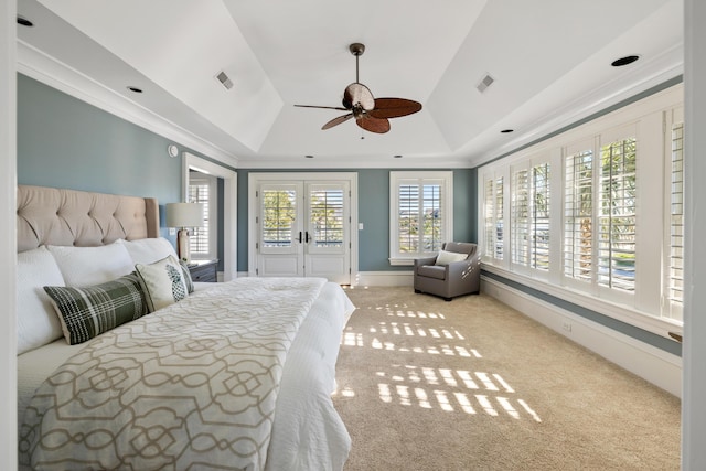 bedroom featuring carpet, access to outside, and visible vents