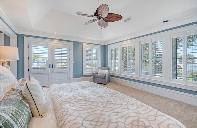 bedroom featuring carpet, lofted ceiling, visible vents, ornamental molding, and access to outside