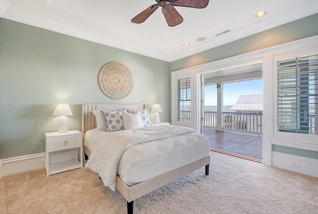 carpeted bedroom with visible vents, ceiling fan, access to exterior, crown molding, and recessed lighting