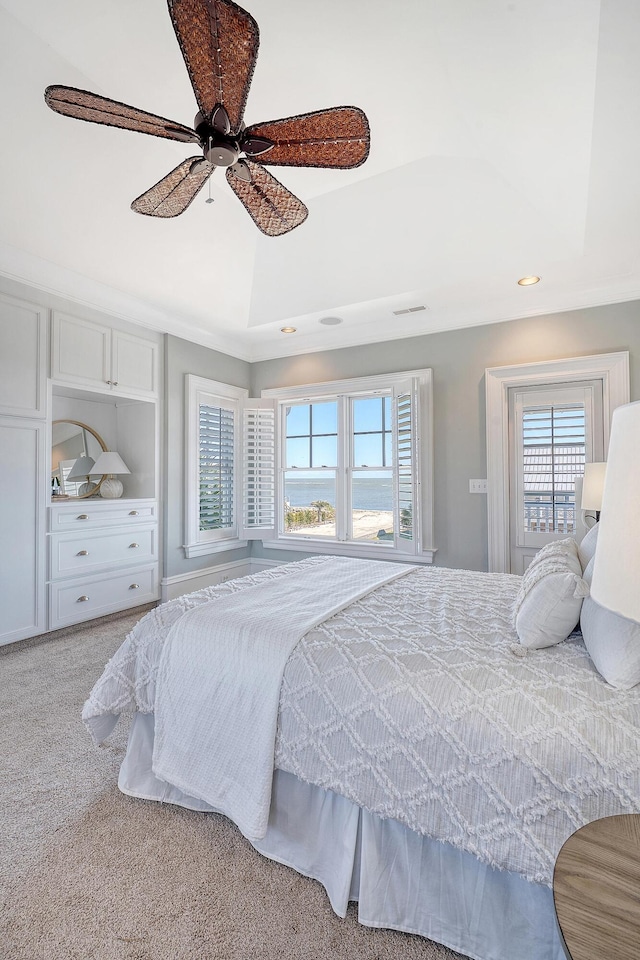 carpeted bedroom featuring ceiling fan and recessed lighting