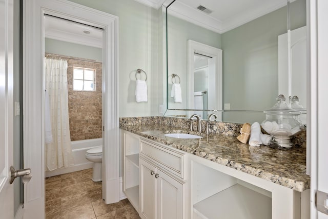 bathroom with visible vents, toilet, shower / bath combo with shower curtain, ornamental molding, and vanity