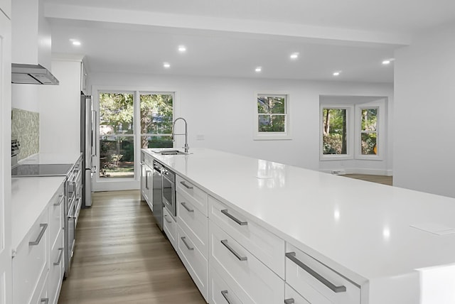 kitchen with dark hardwood / wood-style flooring, sink, white cabinets, appliances with stainless steel finishes, and wall chimney range hood