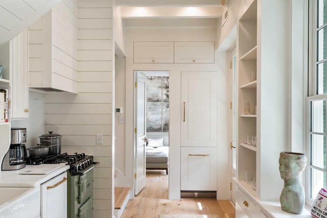 interior space featuring white cabinets, light countertops, visible vents, and light wood-style floors