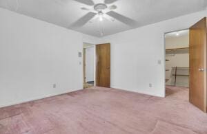 unfurnished bedroom featuring ceiling fan, a spacious closet, light carpet, and a closet