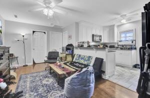 living room featuring ceiling fan and wood-type flooring