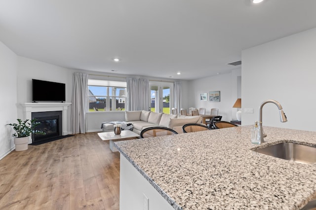 1173 Wading Point Blvd, Huger, SC 29450 - kitchen featuring a sink, open floor plan, light wood-style flooring, recessed lighting, and light stone counters