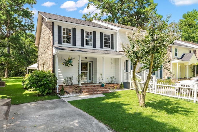 view of front facade with a front yard and covered porch