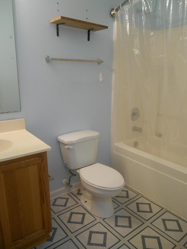 full bathroom with toilet, vanity, shower / bathtub combination with curtain, and tile patterned flooring