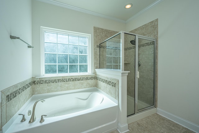 9710 Table Mountain Ln, Ladson, SC 29456 - bathroom with a garden tub, a stall shower, ornamental molding, and recessed lighting