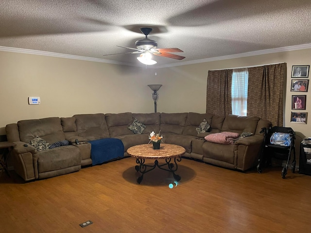 living room with a textured ceiling, crown molding, and hardwood / wood-style floors