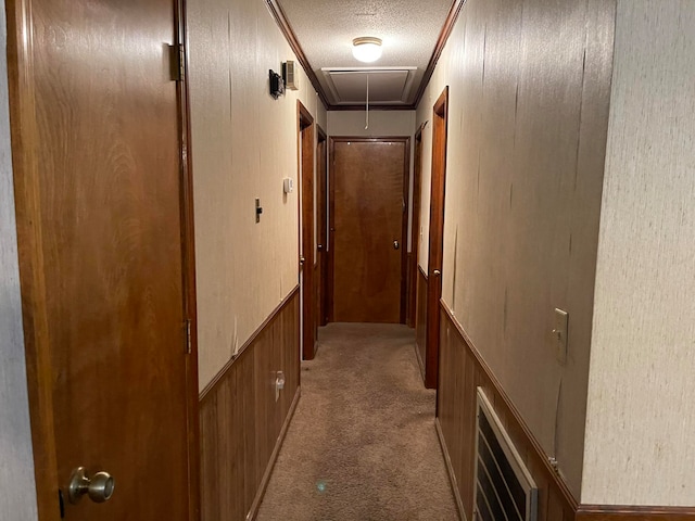 corridor featuring wood walls, light colored carpet, and a textured ceiling