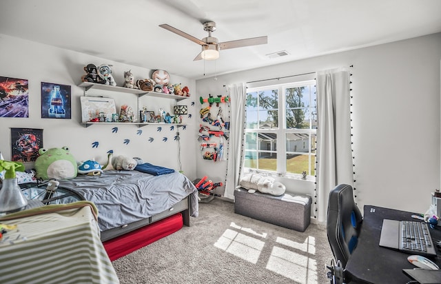 bedroom featuring a ceiling fan, carpet, and visible vents