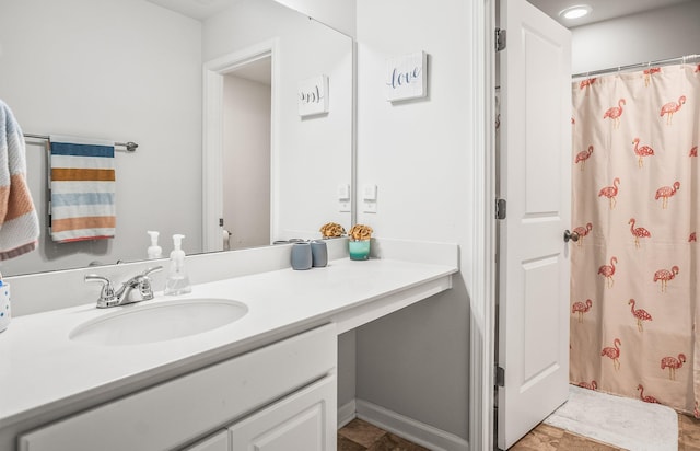 full bathroom with vanity and a shower with shower curtain