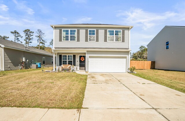 view of front of house with fence, central AC unit, driveway, a front lawn, and a garage